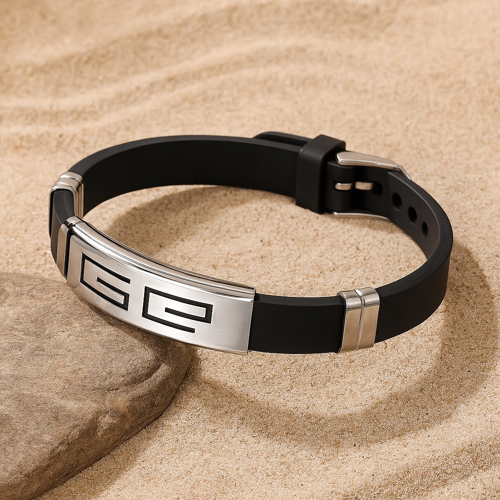 Black Stainless Steel Silicone Wristband Bracelet for Men