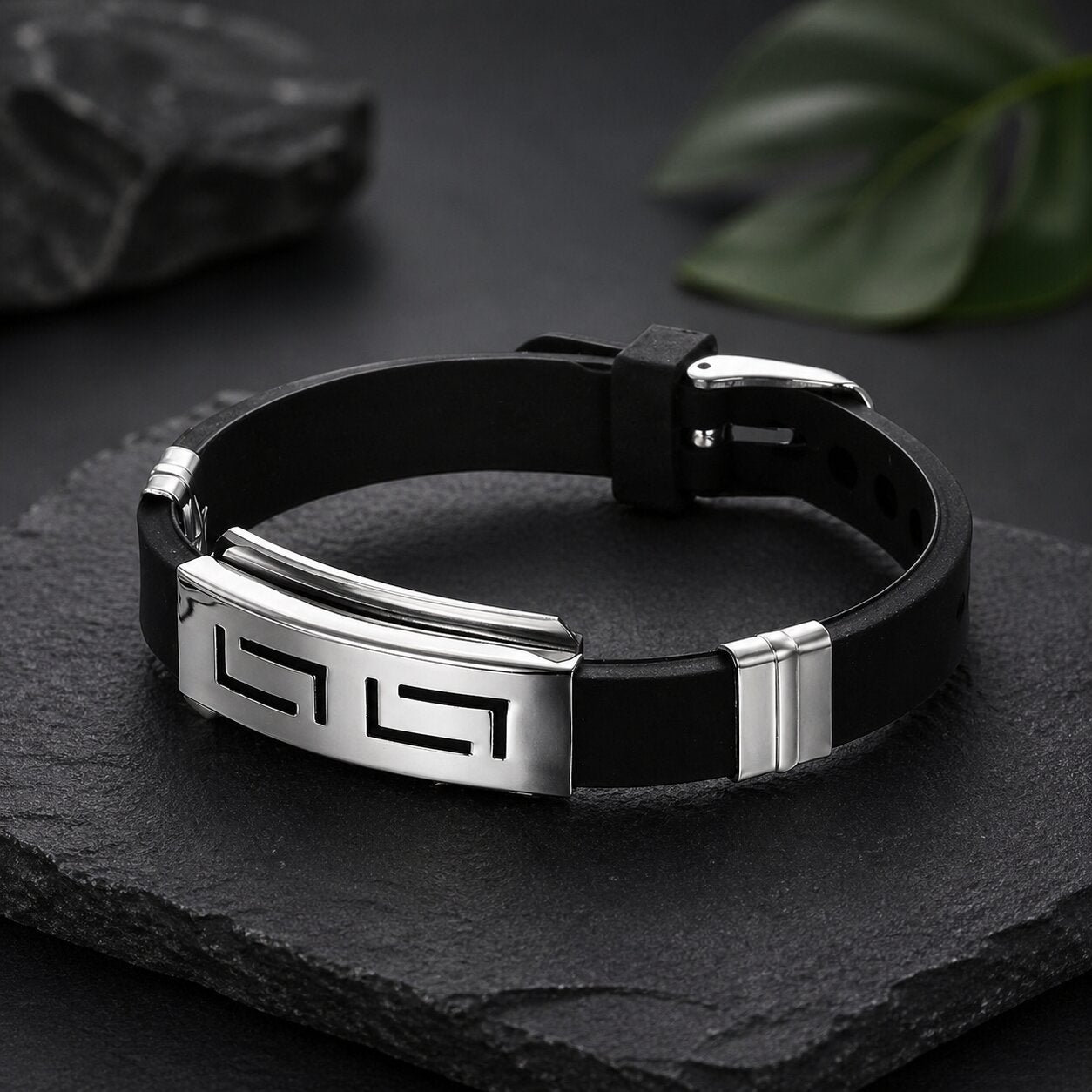 Black Stainless Steel Silicone Wristband Bracelet for Men