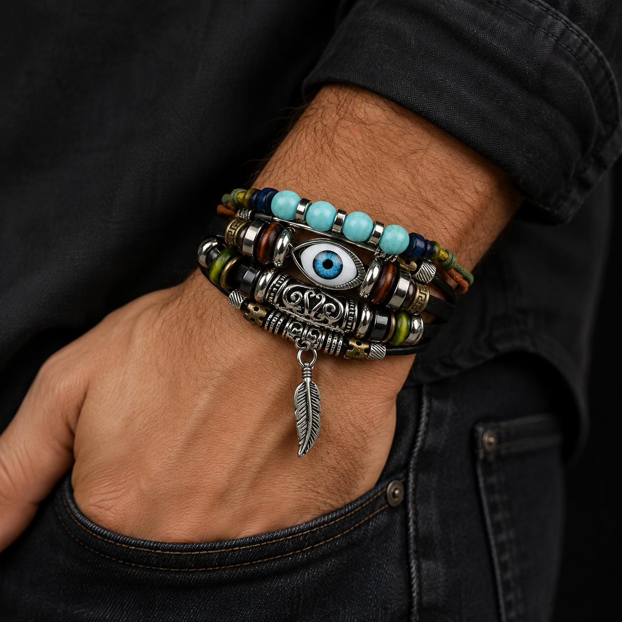 Evil Eye Leather Bracelet for Men
