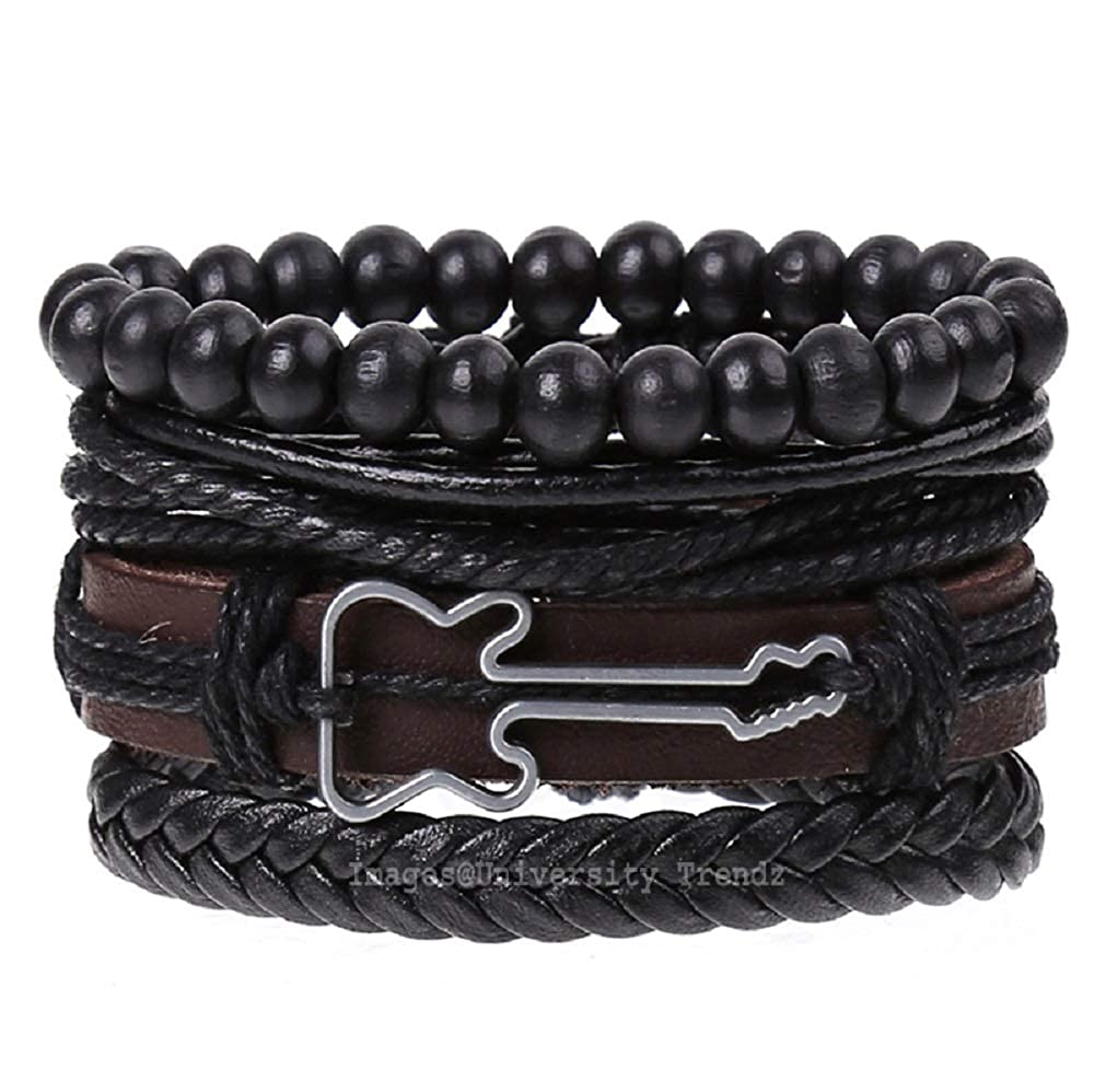 Black Beaded Guitar Multi-Layer Leather Bracelet Combo for Men – Pack of 4