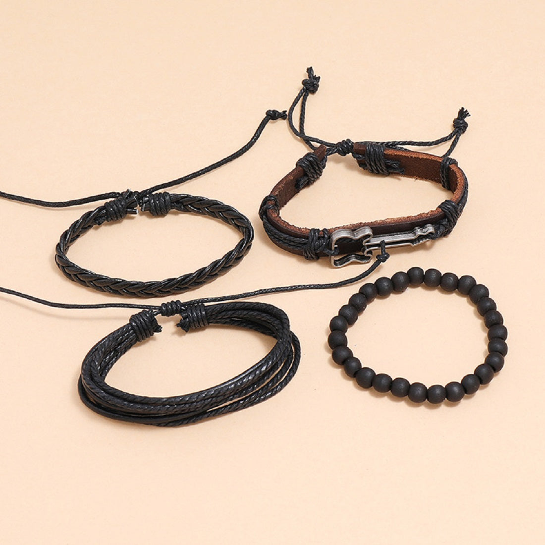 Black Beaded Guitar Multi-Layer Leather Bracelet Combo for Men – Pack of 4