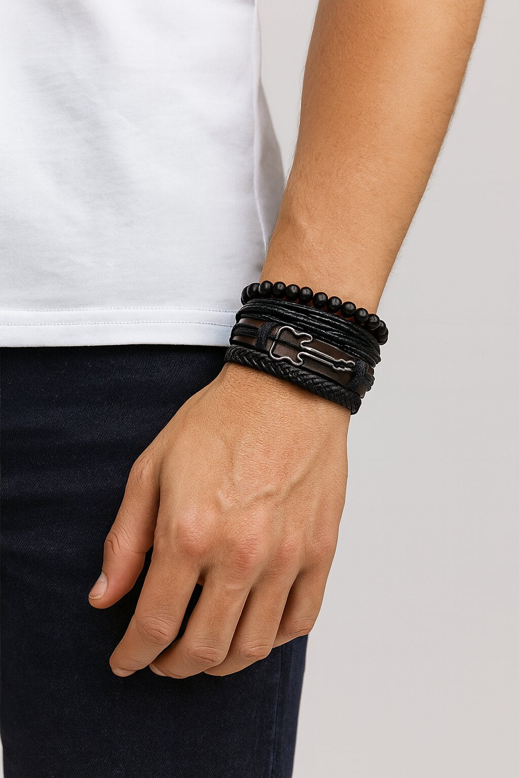 Black Beaded Guitar Multi-Layer Leather Bracelet Combo for Men – Pack of 4