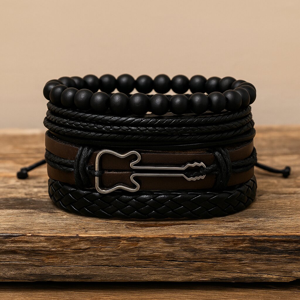 Black Beaded Guitar Multi-Layer Leather Bracelet Combo for Men – Pack of 4