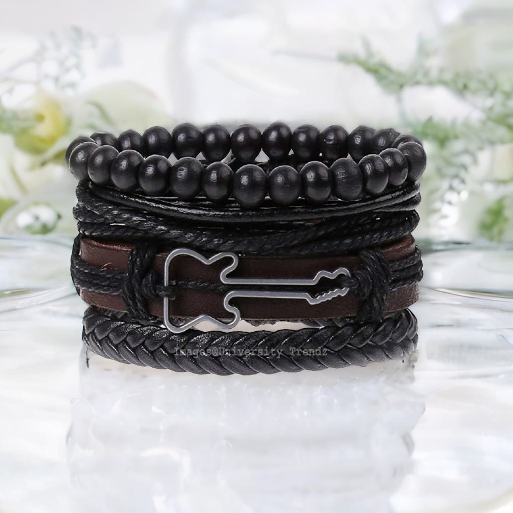 Black Beaded Guitar Multi-Layer Leather Bracelet Combo for Men – Pack of 4
