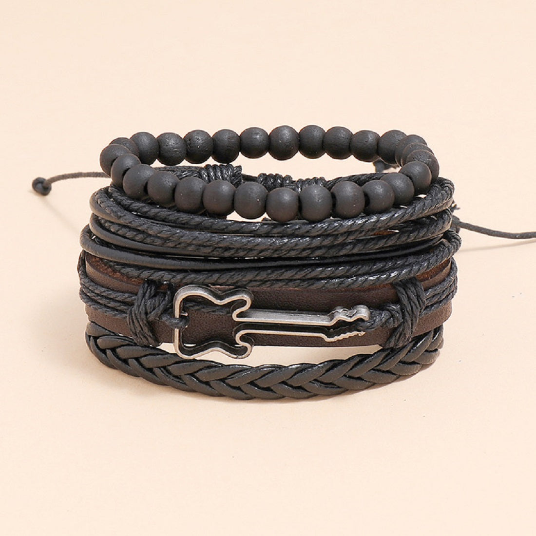 Black Beaded Guitar Multi-Layer Leather Bracelet Combo for Men – Pack of 4