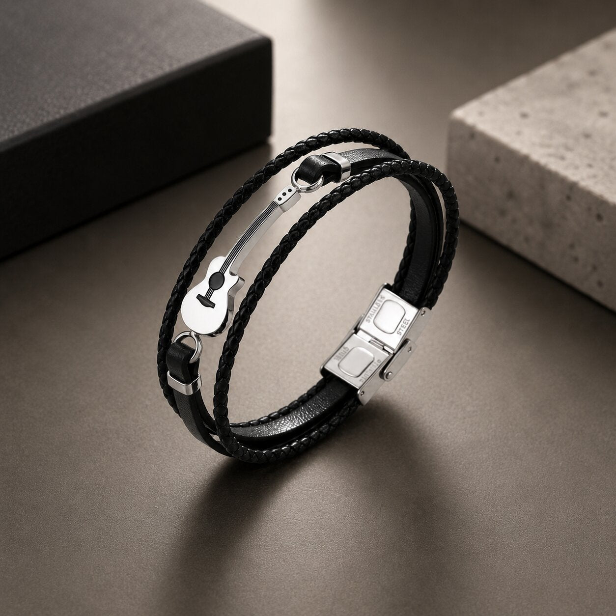 Trendy Black Guitar Leather Bracelet For Men