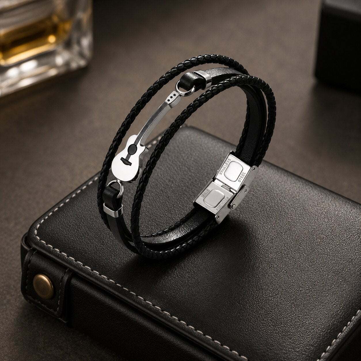 Trendy Black Guitar Leather Bracelet For Men