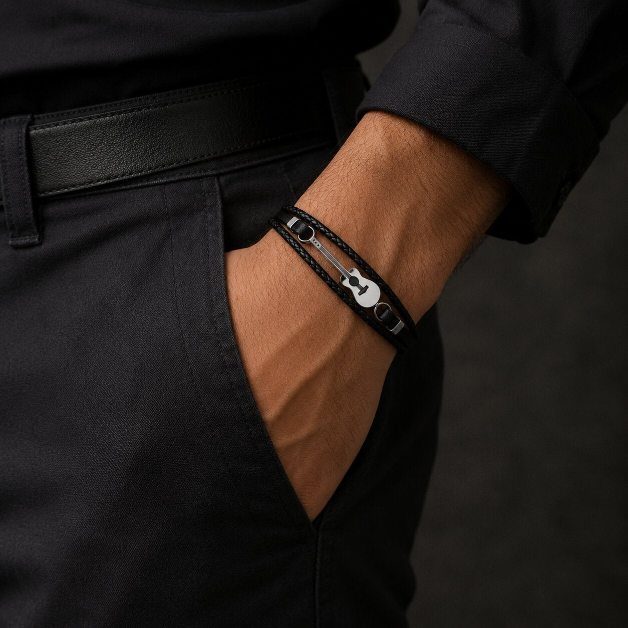 Trendy Black Guitar Leather Bracelet For Men