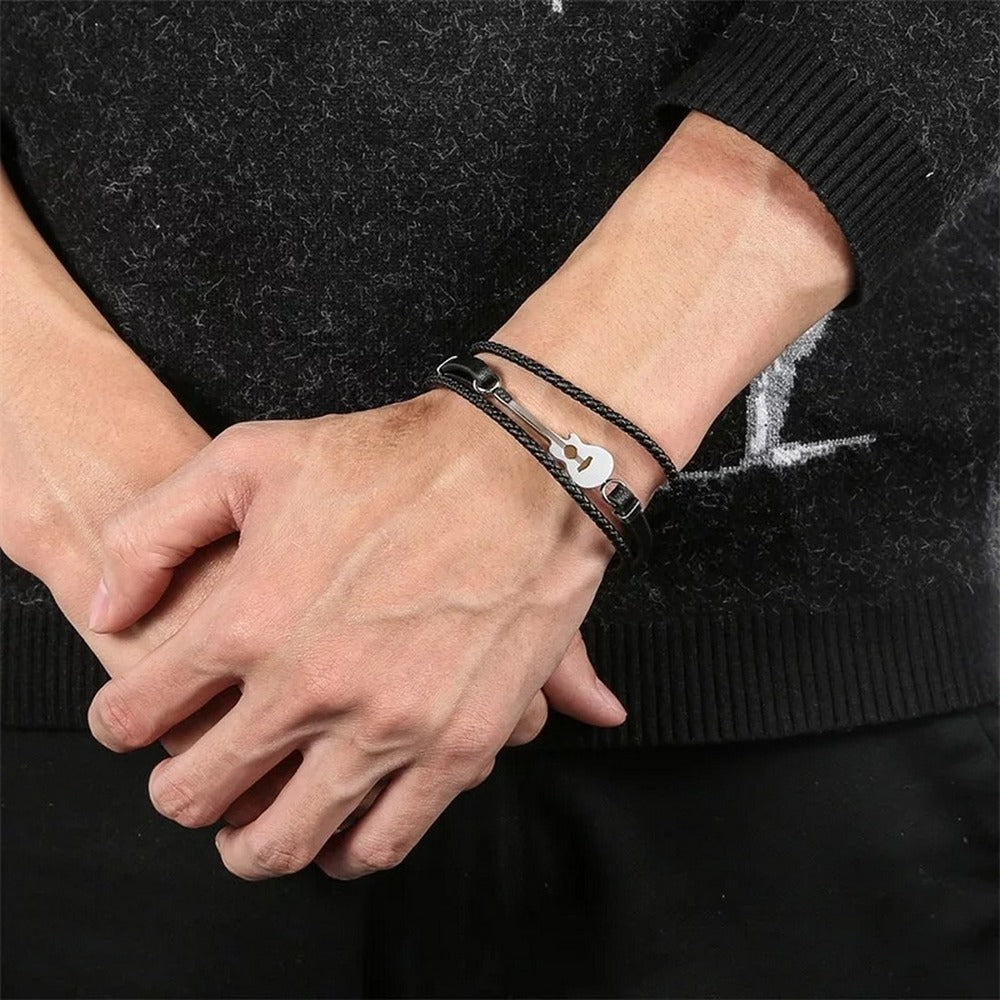 Trendy Black Guitar Leather Bracelet For Men