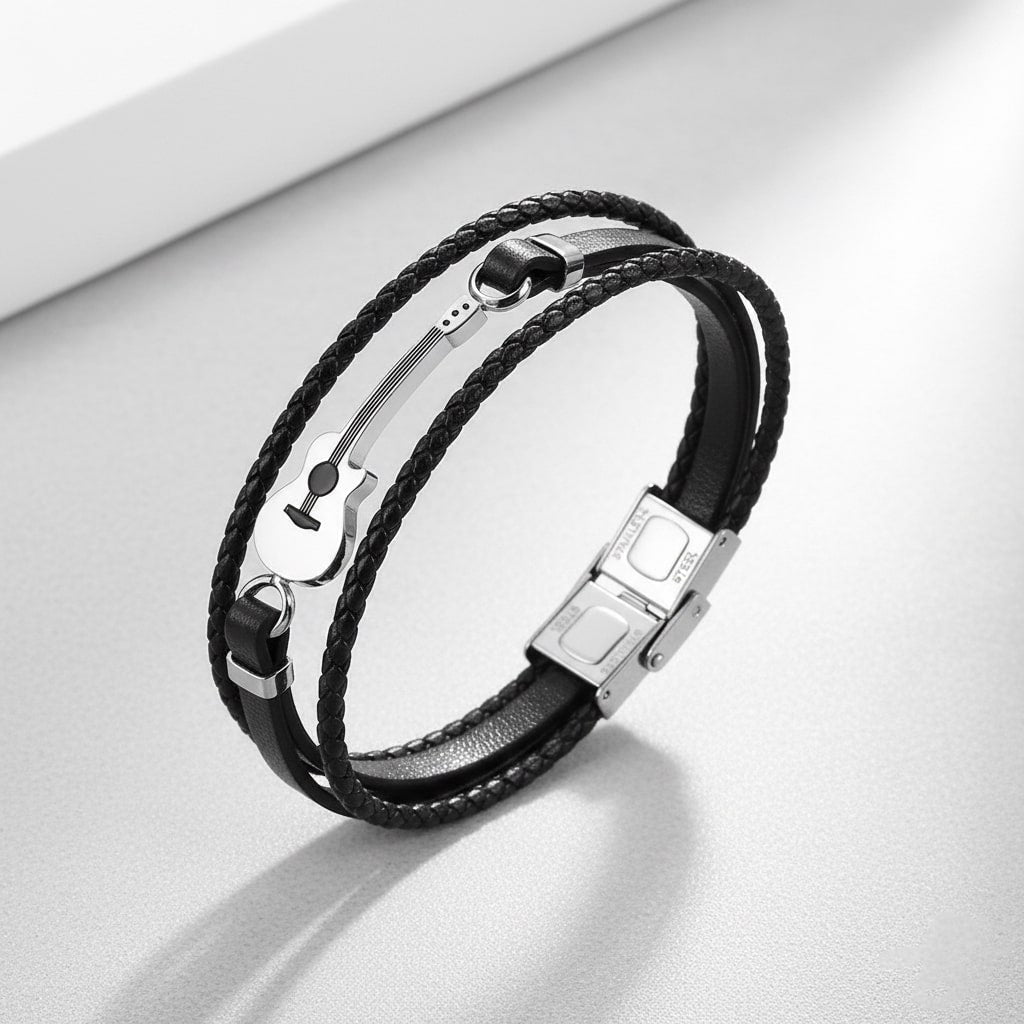 Trendy Black Guitar Leather Bracelet For Men
