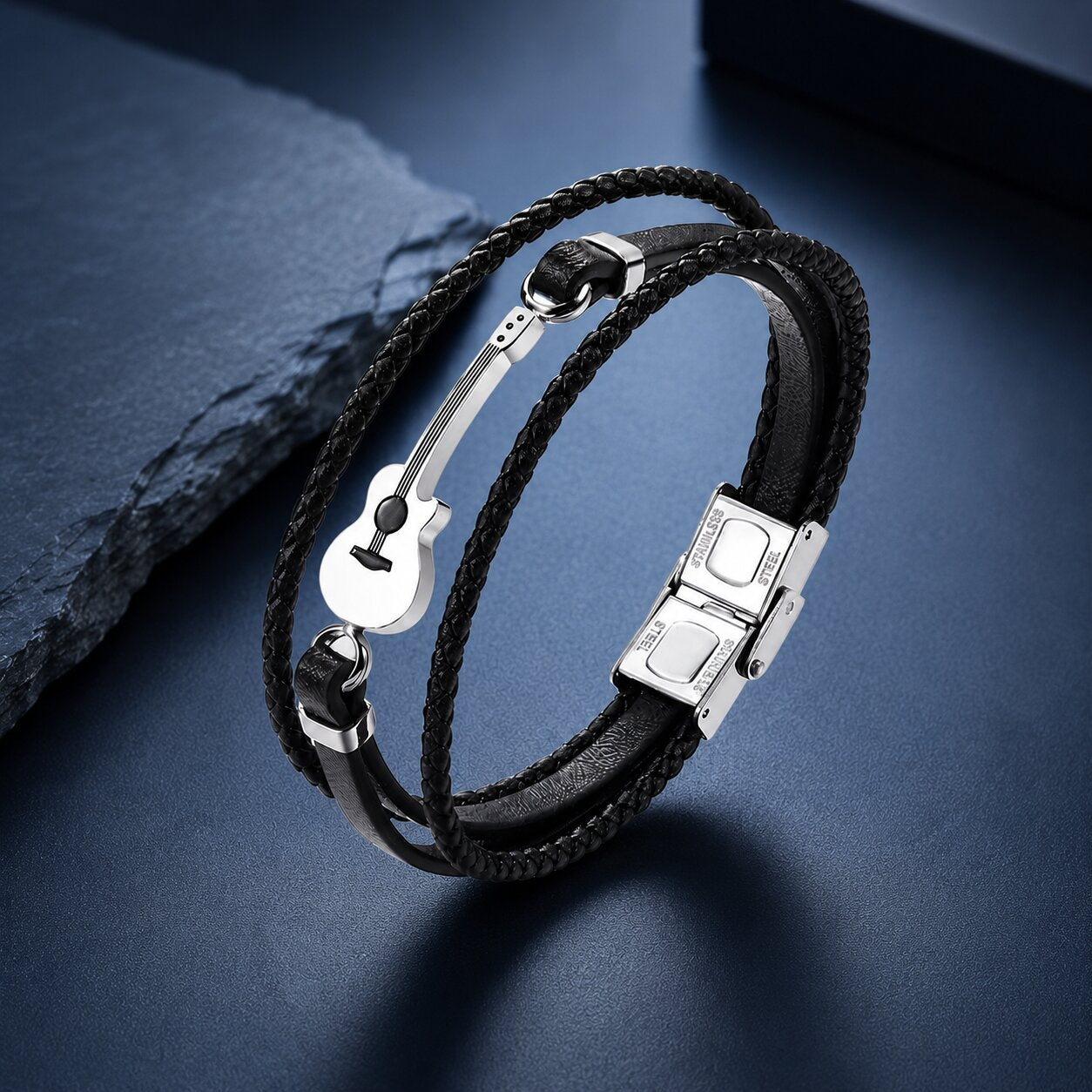 Trendy Black Guitar Leather Bracelet For Men