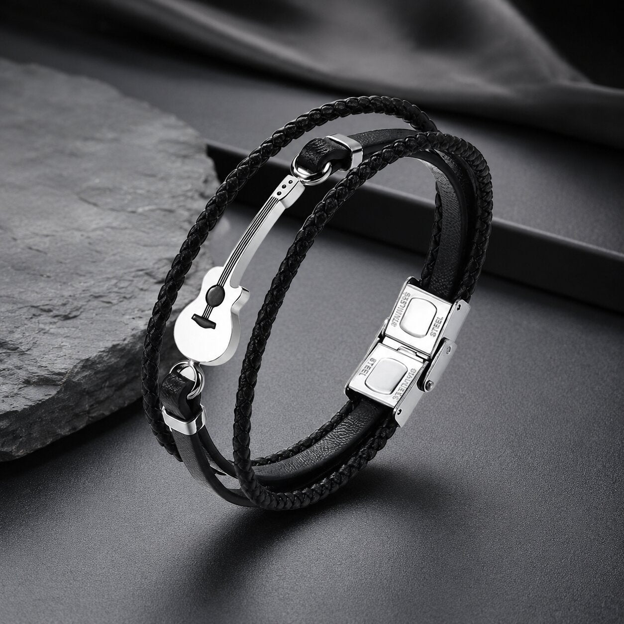 Trendy Black Guitar Leather Bracelet For Men