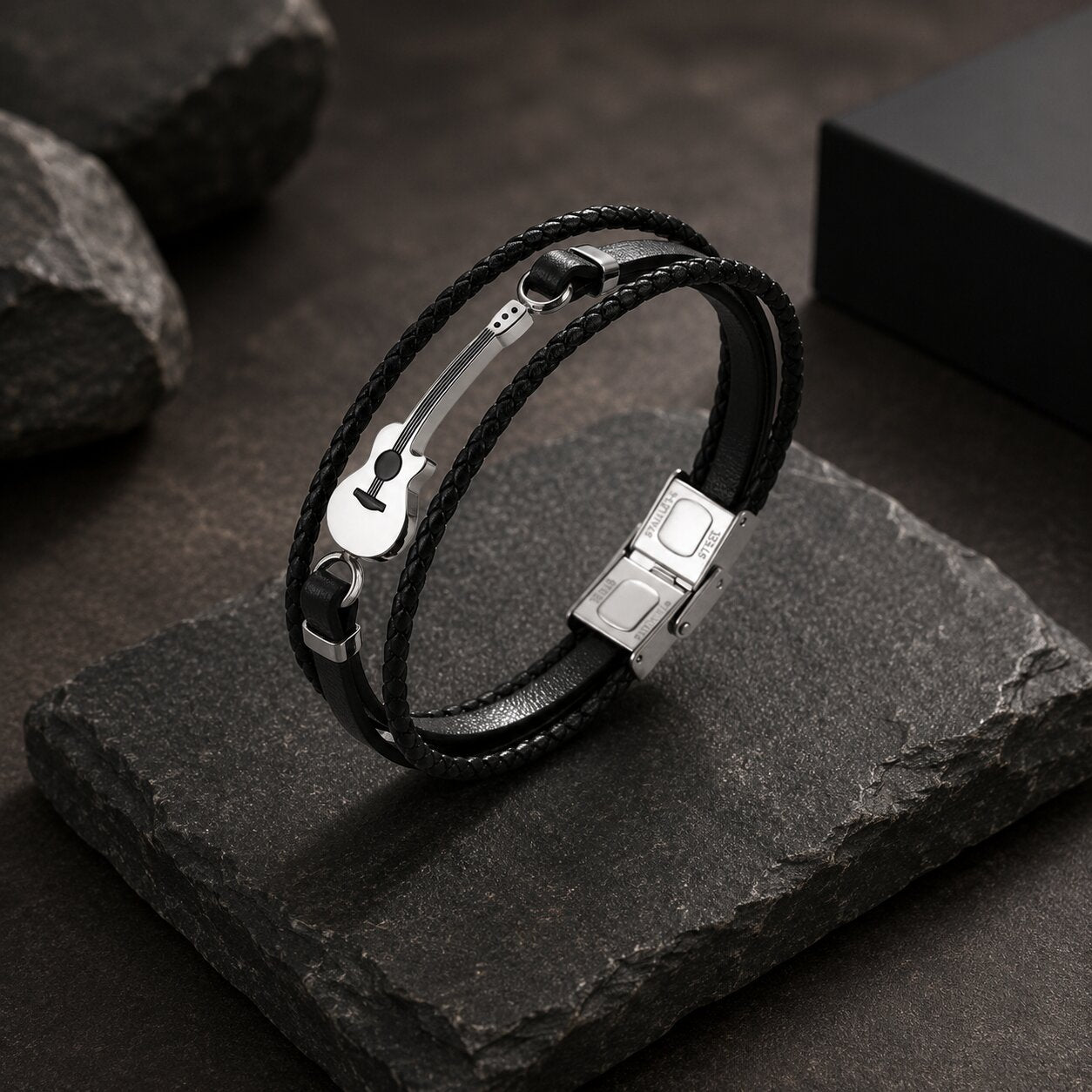 Trendy Black Guitar Leather Bracelet For Men