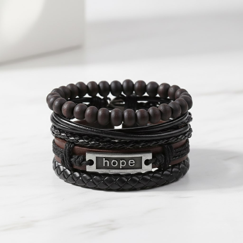 Black Beaded “Hope” Engraved Leather Bracelet Combo for Men – Pack of 4