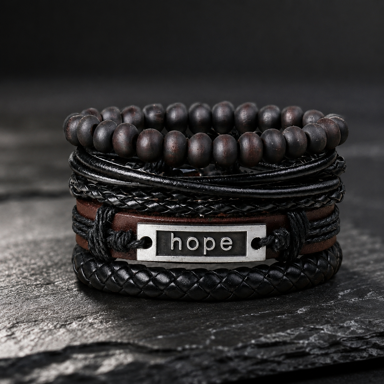 Black Beaded “Hope” Engraved Leather Bracelet Combo for Men – Pack of 4