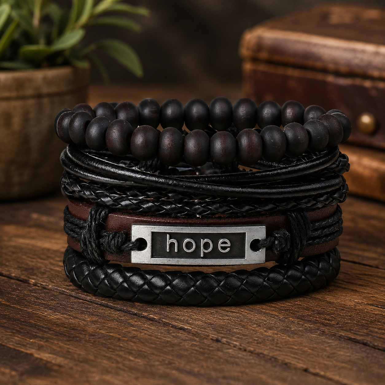 Black Beaded “Hope” Engraved Leather Bracelet Combo for Men – Pack of 4