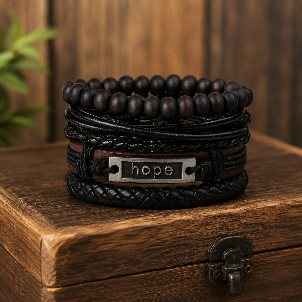 Black Beaded “Hope” Engraved Leather Bracelet Combo for Men – Pack of 4