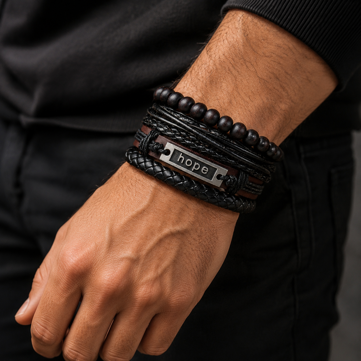 Black Beaded “Hope” Engraved Leather Bracelet Combo for Men – Pack of 4
