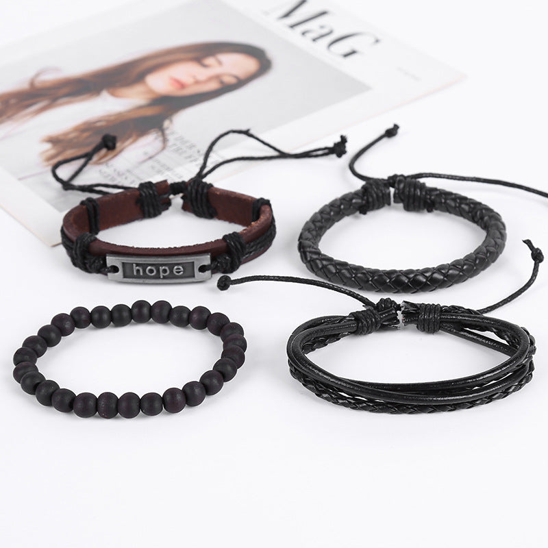 Black Beaded “Hope” Engraved Leather Bracelet Combo for Men – Pack of 4