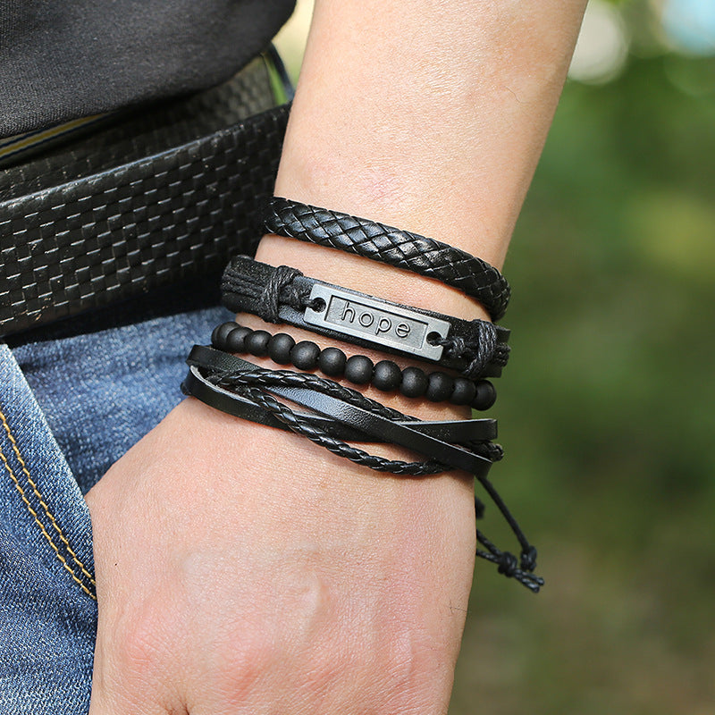 Black Beaded “Hope” Engraved Leather Bracelet Combo for Men – Pack of 4