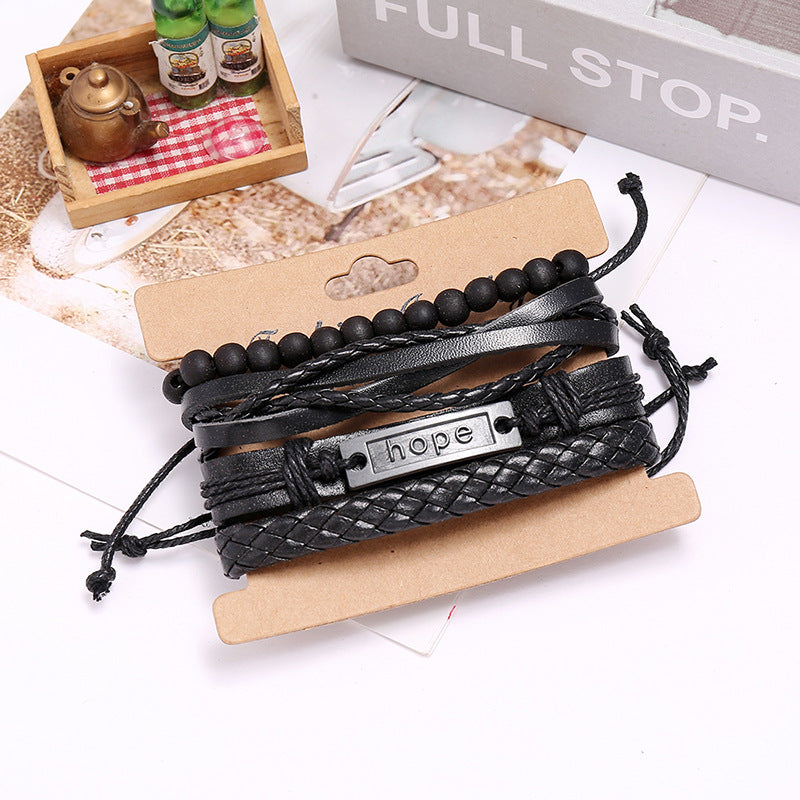 Black Beaded “Hope” Engraved Leather Bracelet Combo for Men – Pack of 4