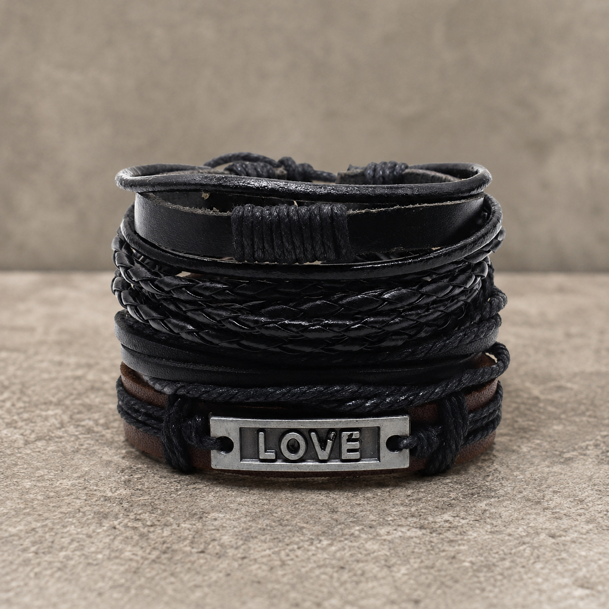 Black Beaded "Love” Engraved Leather Bracelet Combo for Men – Pack of 4: