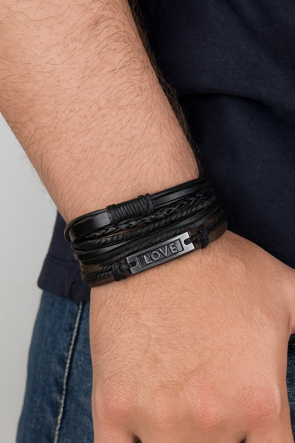 Black Beaded "Love” Engraved Leather Bracelet Combo for Men – Pack of 4: