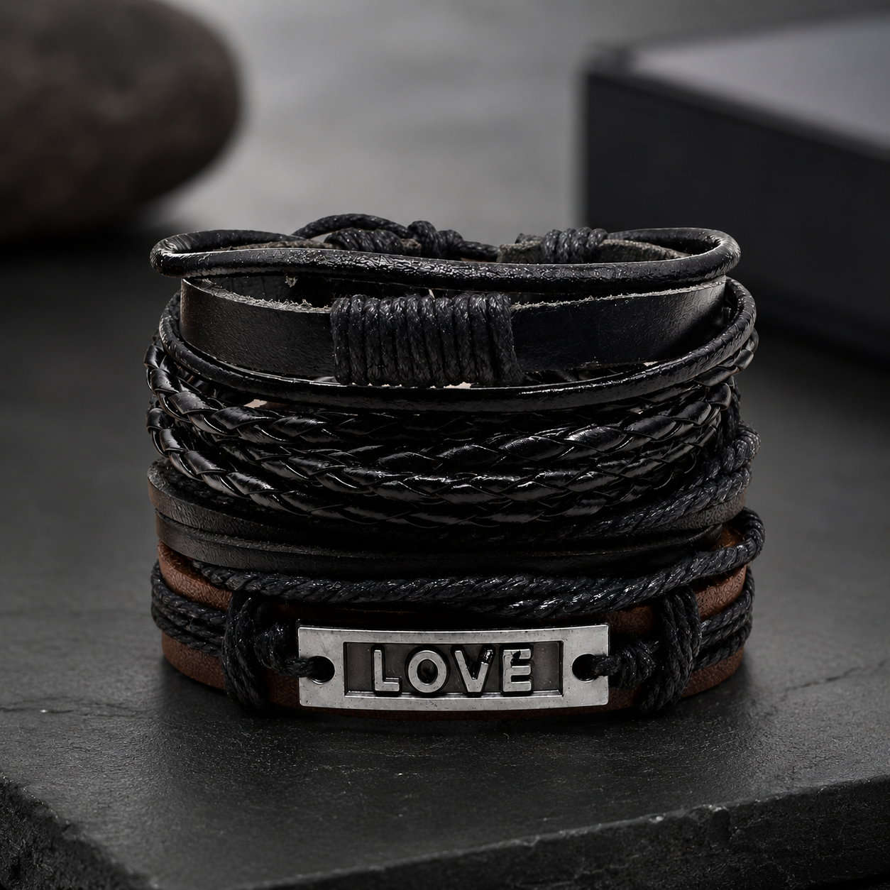 Black Beaded "Love” Engraved Leather Bracelet Combo for Men – Pack of 4: