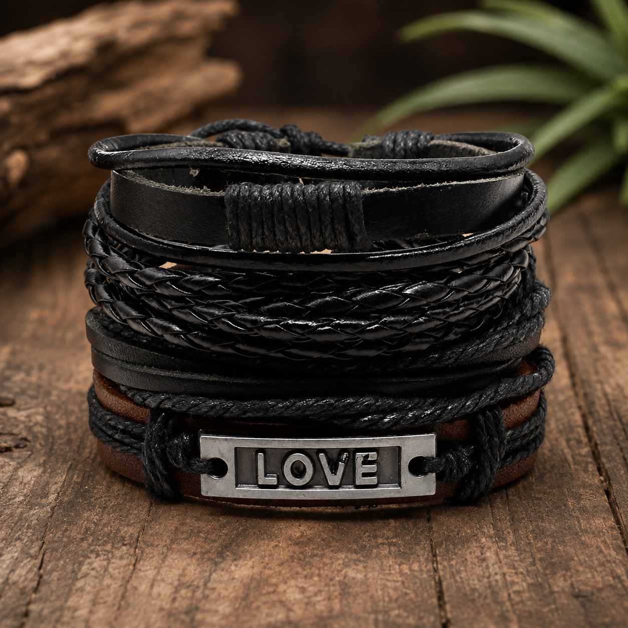 Black Beaded "Love” Engraved Leather Bracelet Combo for Men – Pack of 4: