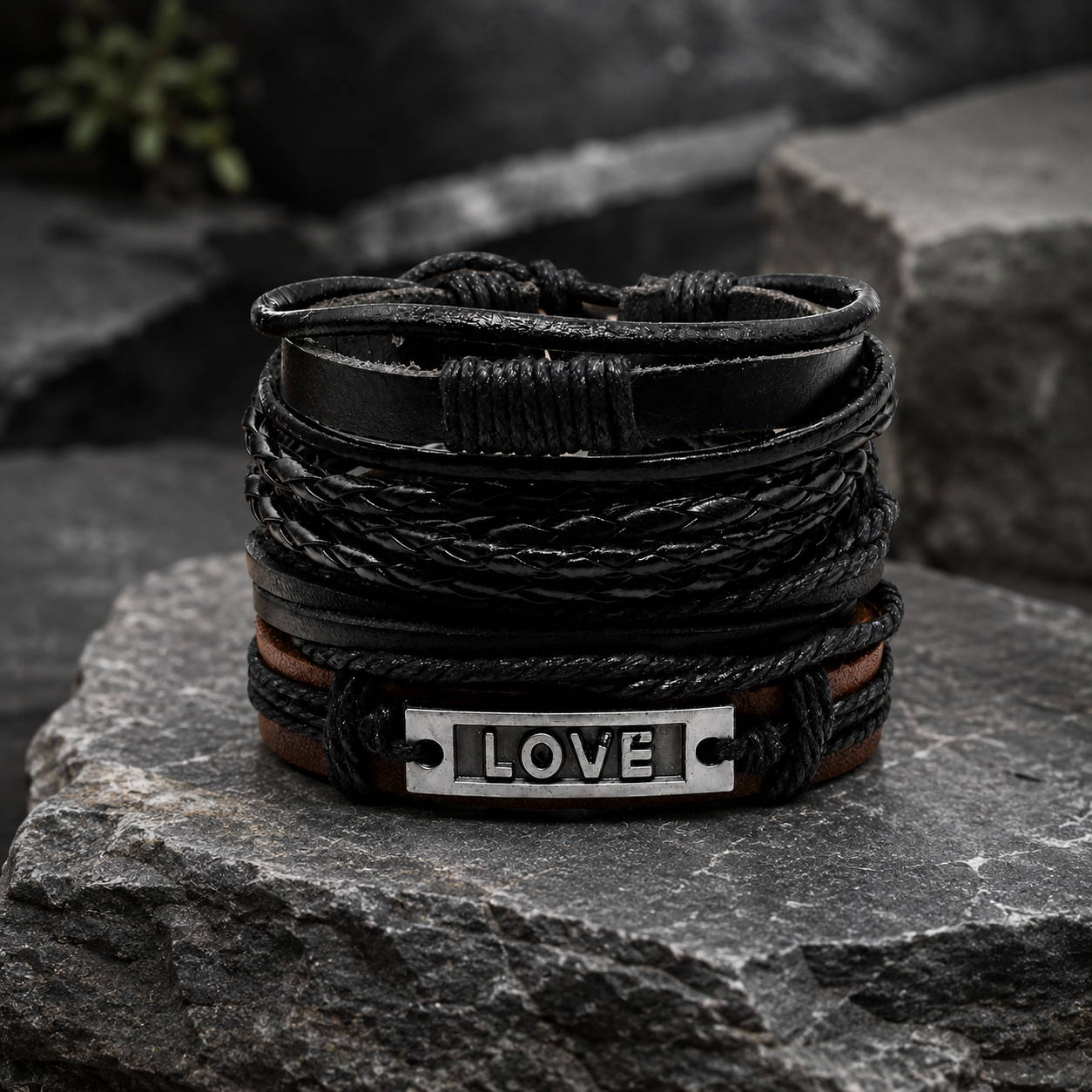Black Beaded "Love” Engraved Leather Bracelet Combo for Men – Pack of 4: