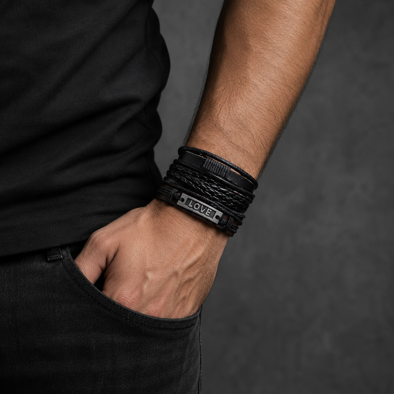 Black Beaded "Love” Engraved Leather Bracelet Combo for Men – Pack of 4: