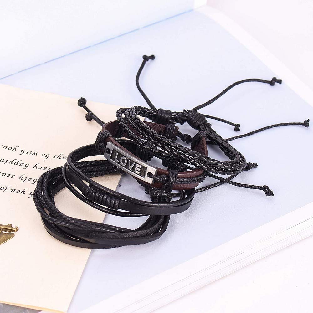 Black Beaded "Love” Engraved Leather Bracelet Combo for Men – Pack of 4:
