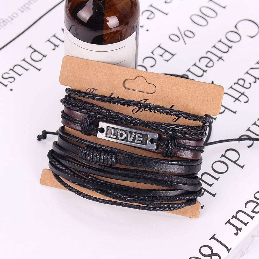 Black Beaded "Love” Engraved Leather Bracelet Combo for Men – Pack of 4: