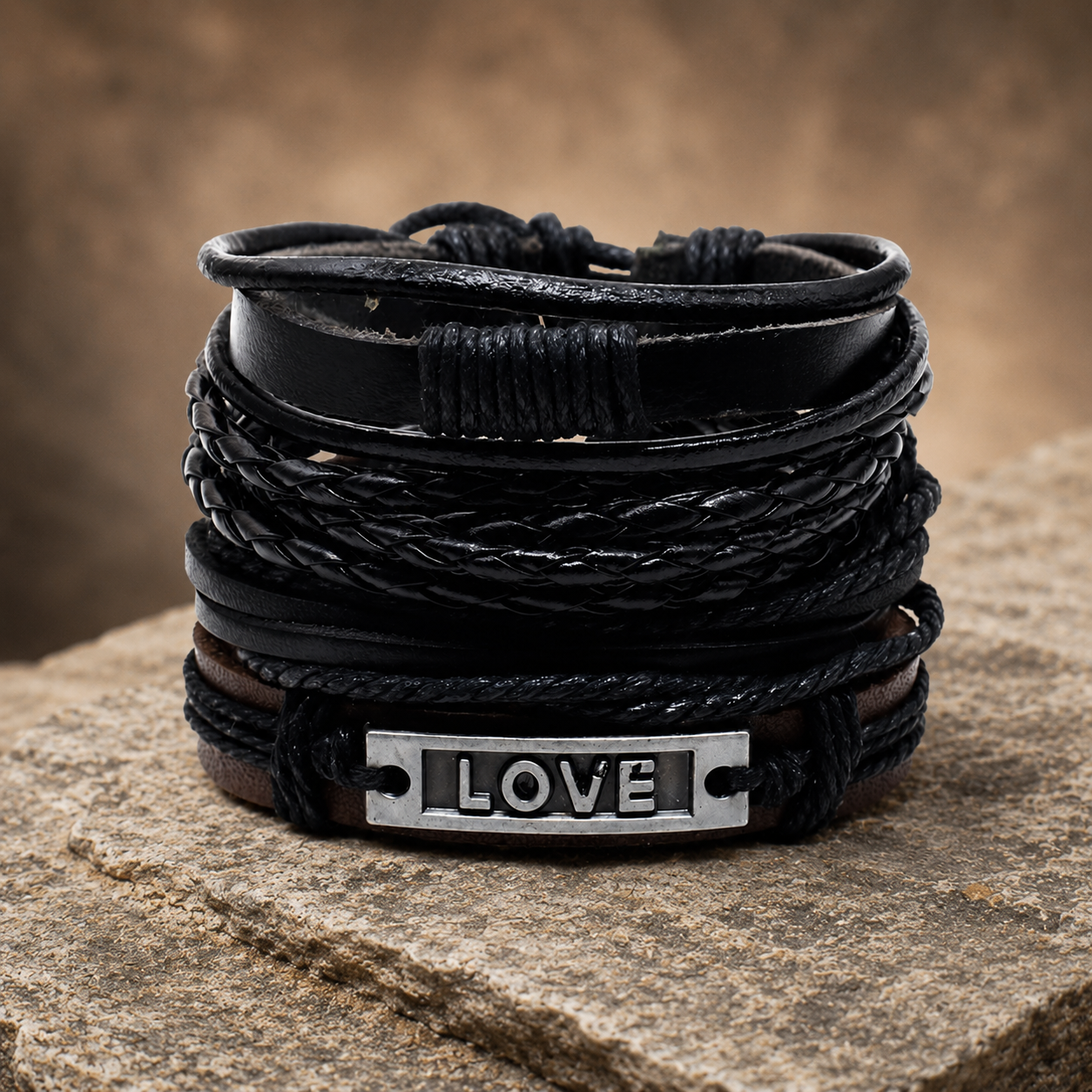 Black Beaded "Love” Engraved Leather Bracelet Combo for Men – Pack of 4: