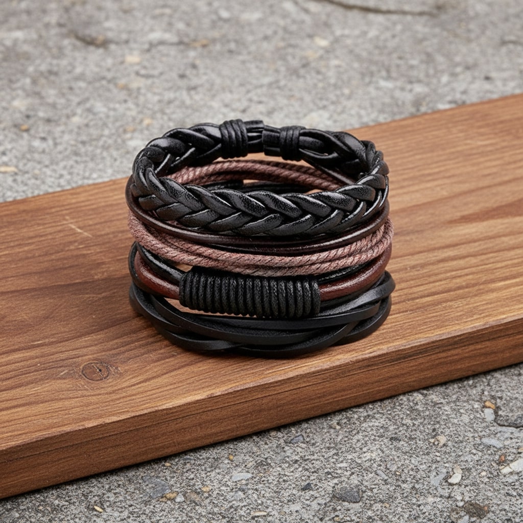 Black-Brown Braided Leather Bracelet for Men