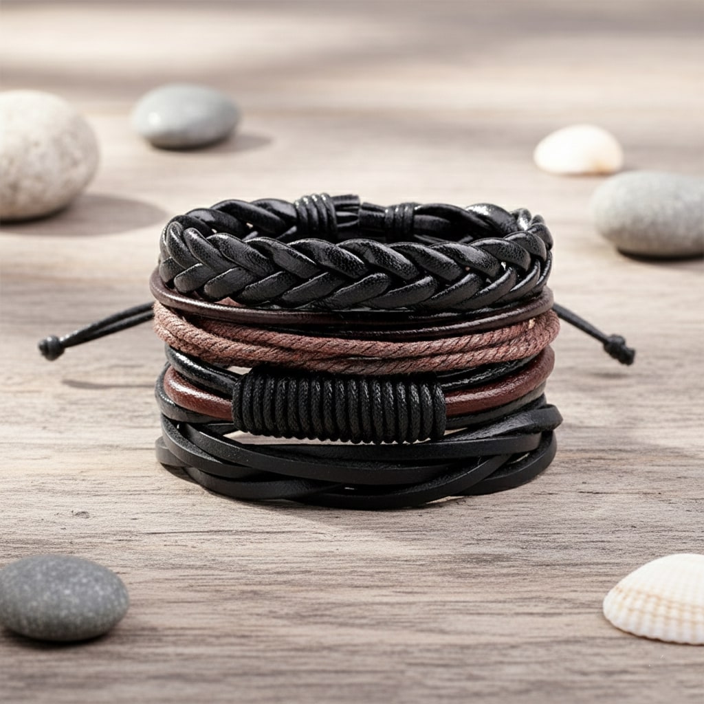 Black-Brown Braided Leather Bracelet for Men