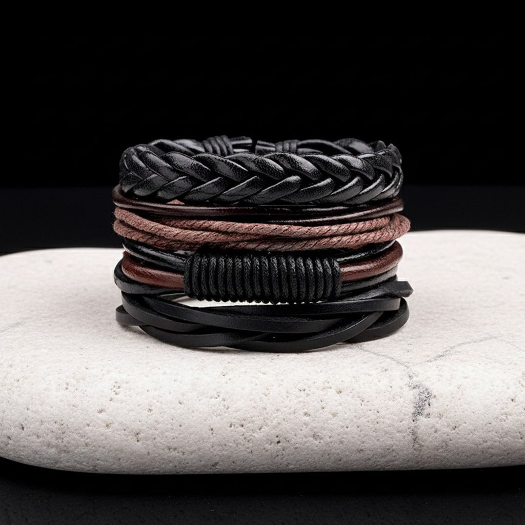 Black-Brown Braided Leather Bracelet for Men