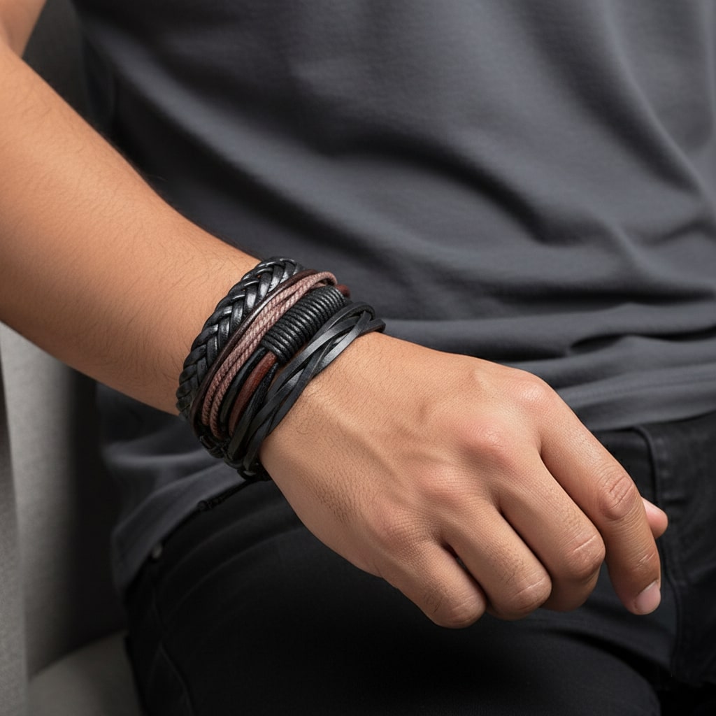 Black-Brown Braided Leather Bracelet for Men