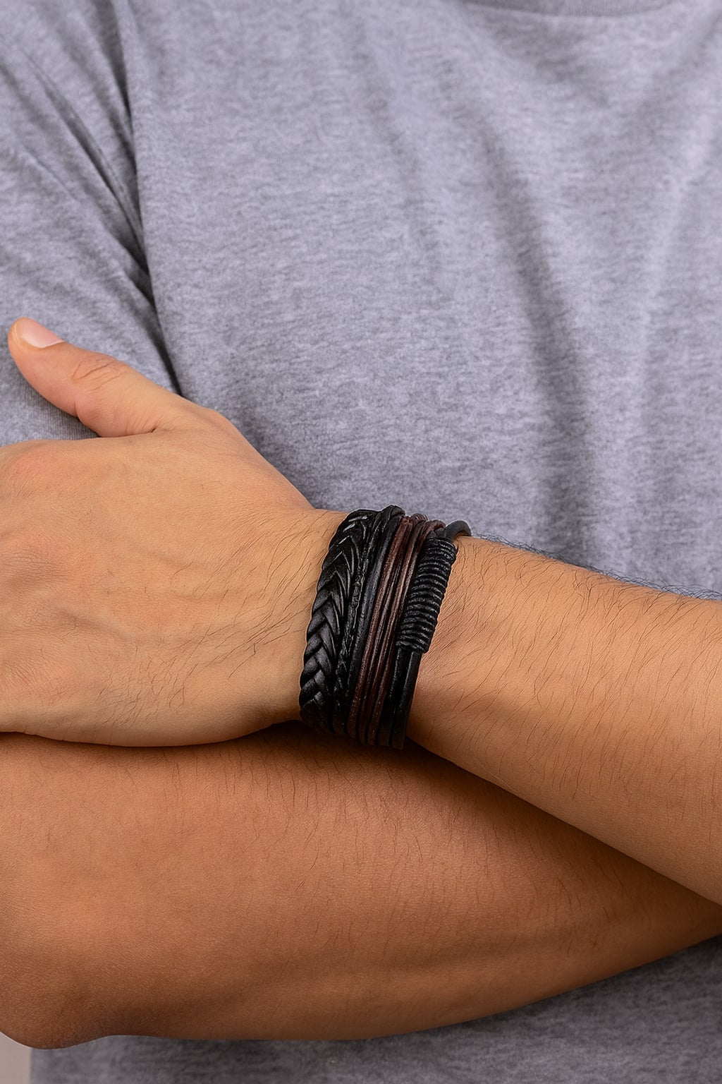 Black-Brown Braided Leather Bracelet for Men