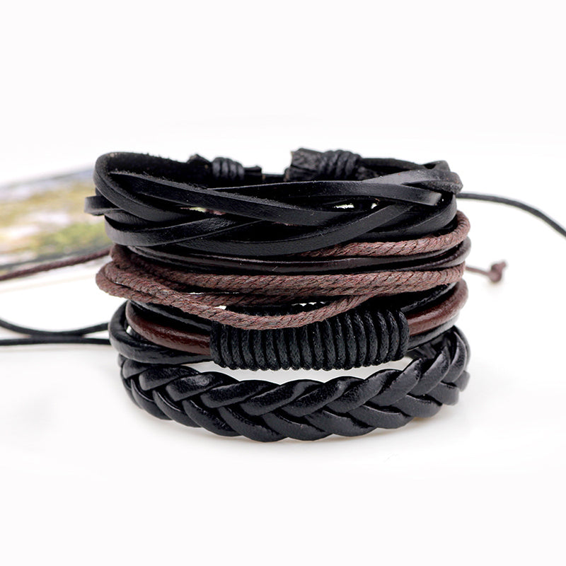 Black-Brown Braided Leather Bracelet for Men