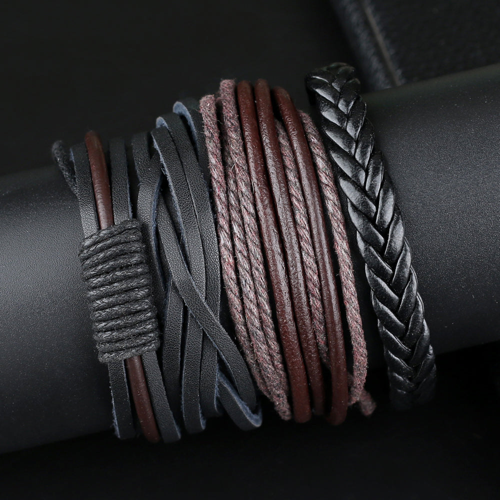 Black-Brown Braided Leather Bracelet for Men