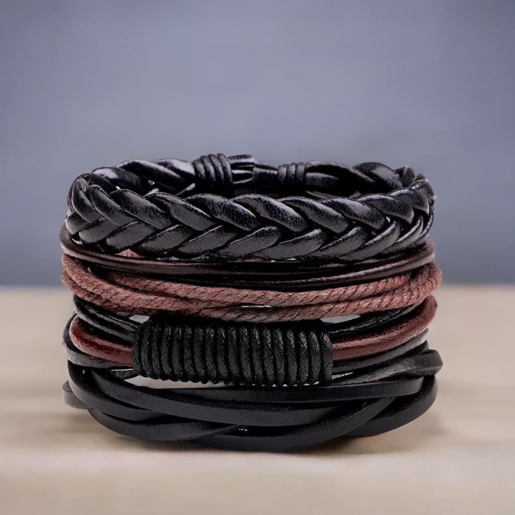 Black-Brown Braided Leather Bracelet for Men