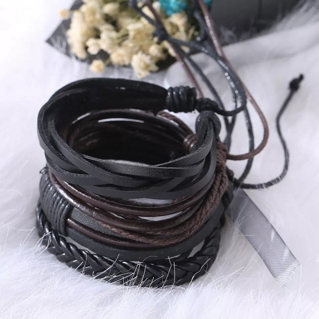 Black-Brown Braided Leather Bracelet for Men