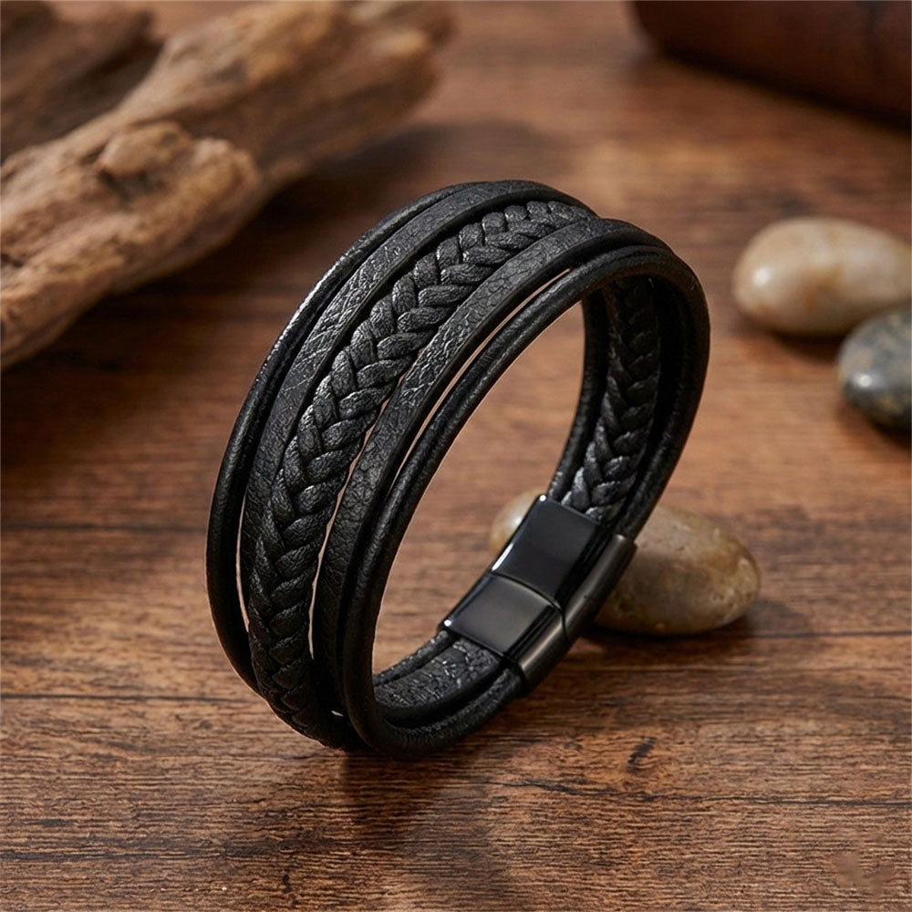 Black Braided Magnetic Clasp Leather Bracelet for Men