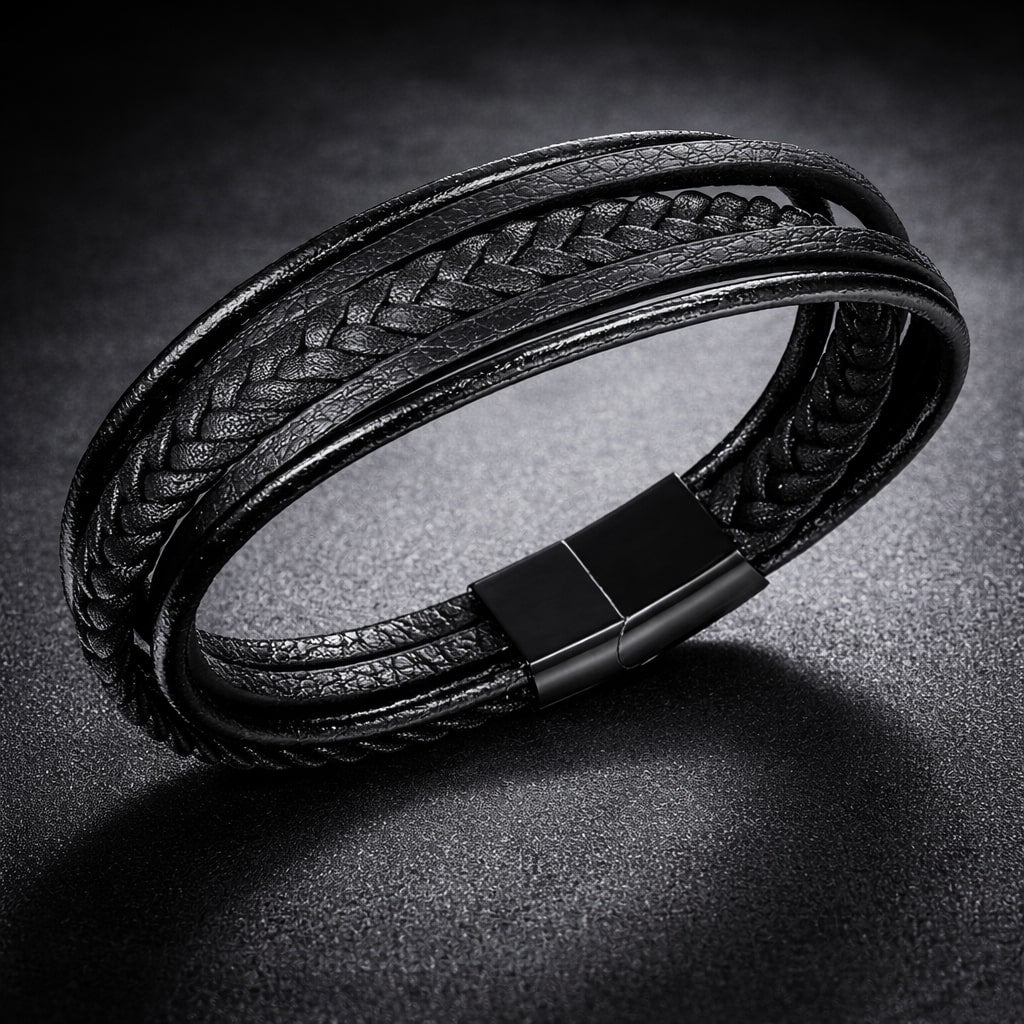 Black Braided Magnetic Clasp Leather Bracelet for Men