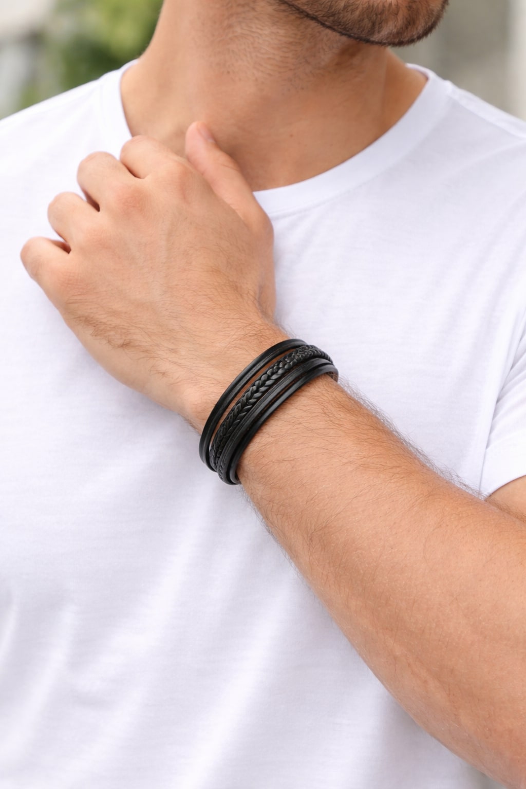 Black Braided Magnetic Clasp Leather Bracelet for Men