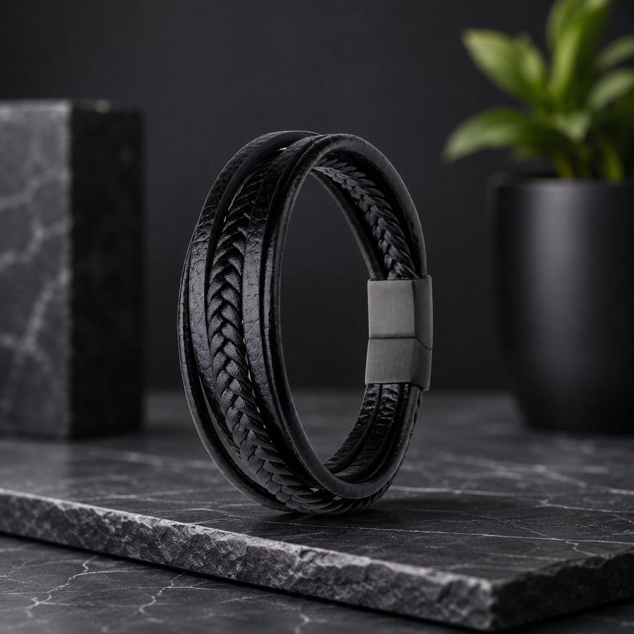 Black Braided Magnetic Clasp Leather Bracelet for Men
