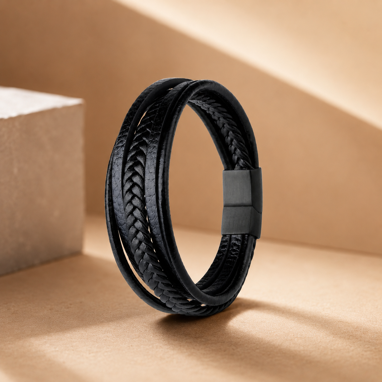Black Braided Magnetic Clasp Leather Bracelet for Men