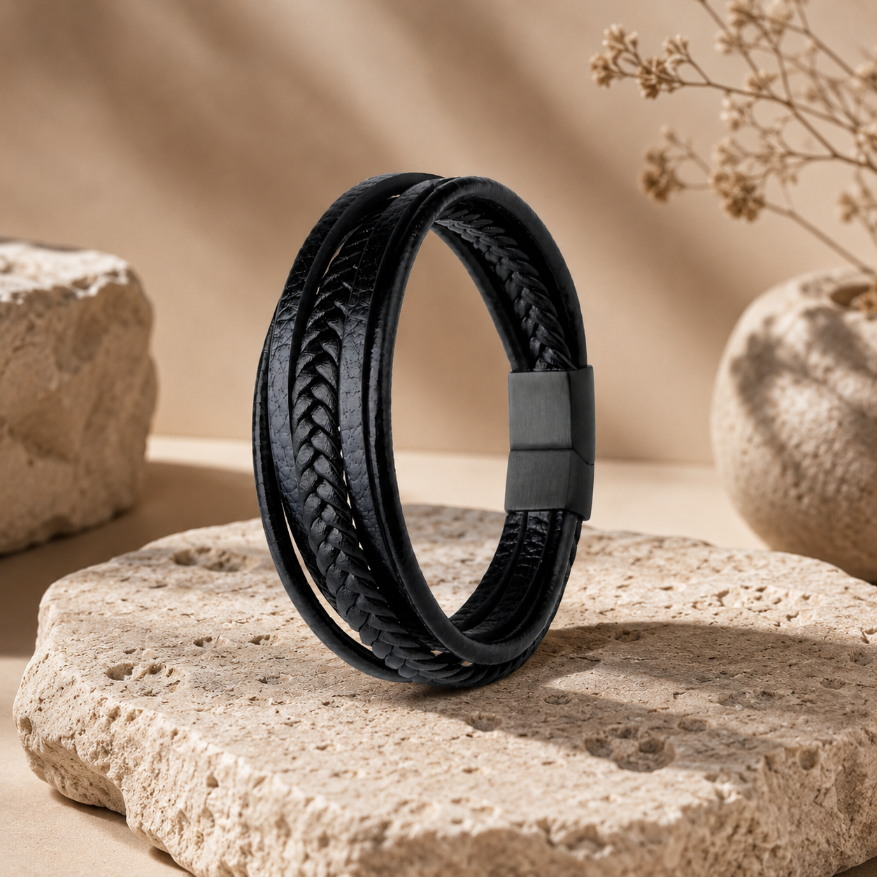 Black Braided Magnetic Clasp Leather Bracelet for Men