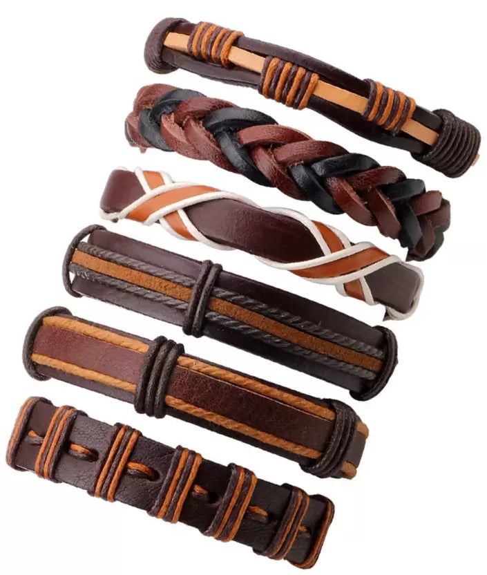 Brown Multi-Layer Leather Bracelet Combo for Men – Pack of 6
